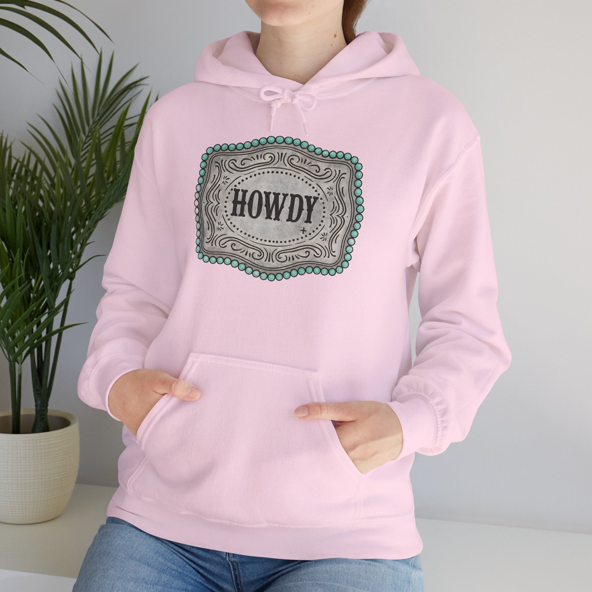 Howdy Turquoise Beaded Rodeo Belt Buckle Hoodie – Unisex Farmhouse Western Sweatshirt | Country Homestead Apparel
