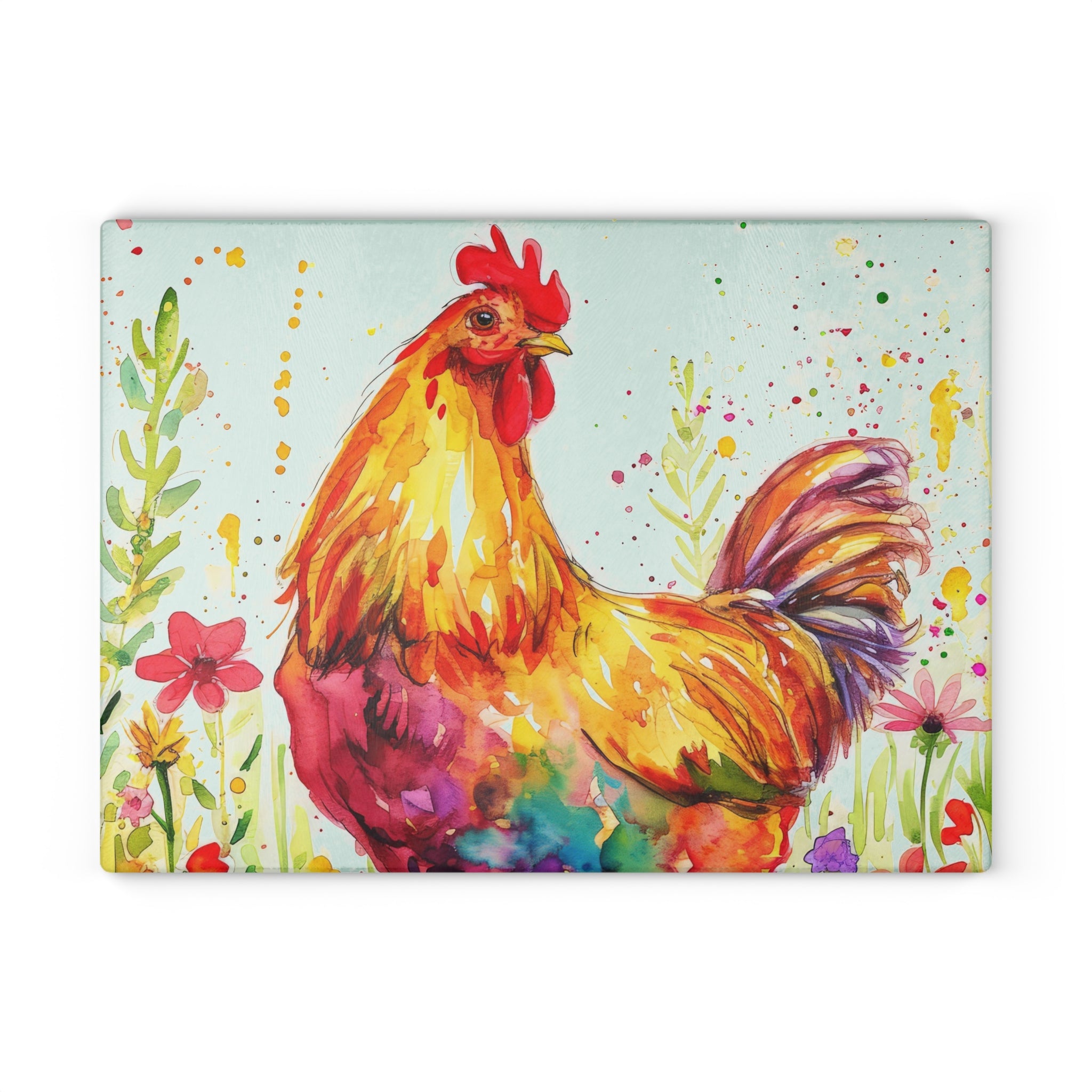 Floral Chicken Glass Cutting Board – Farmhouse Kitchen Decor, Colorful Chicken Counter Protector, Homestead Gift