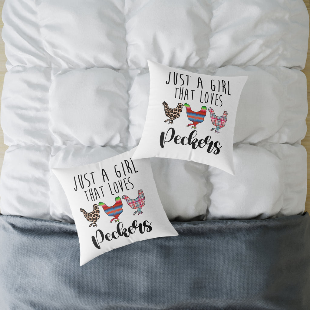 “Just a Girl That Loves Peckers” Throw Pillow – Funny Chicken Farmhouse Decor Cushion, Cute Homestead Accent Pillow