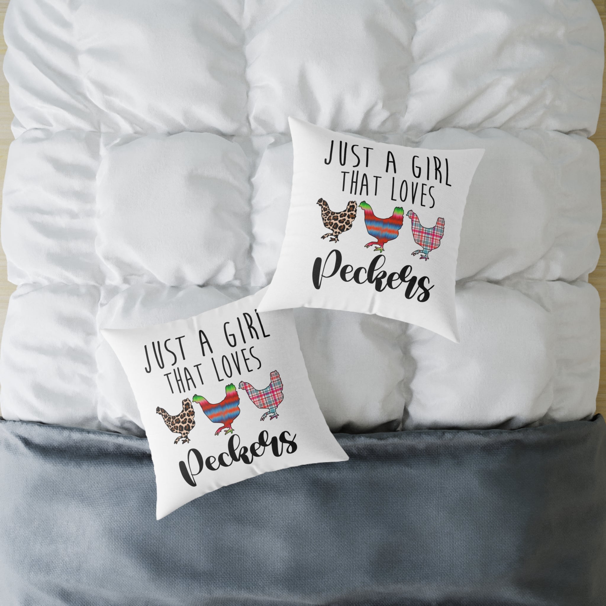 “Just a Girl That Loves Peckers” Throw Pillow – Funny Chicken Farmhouse Decor Cushion, Cute Homestead Accent Pillow