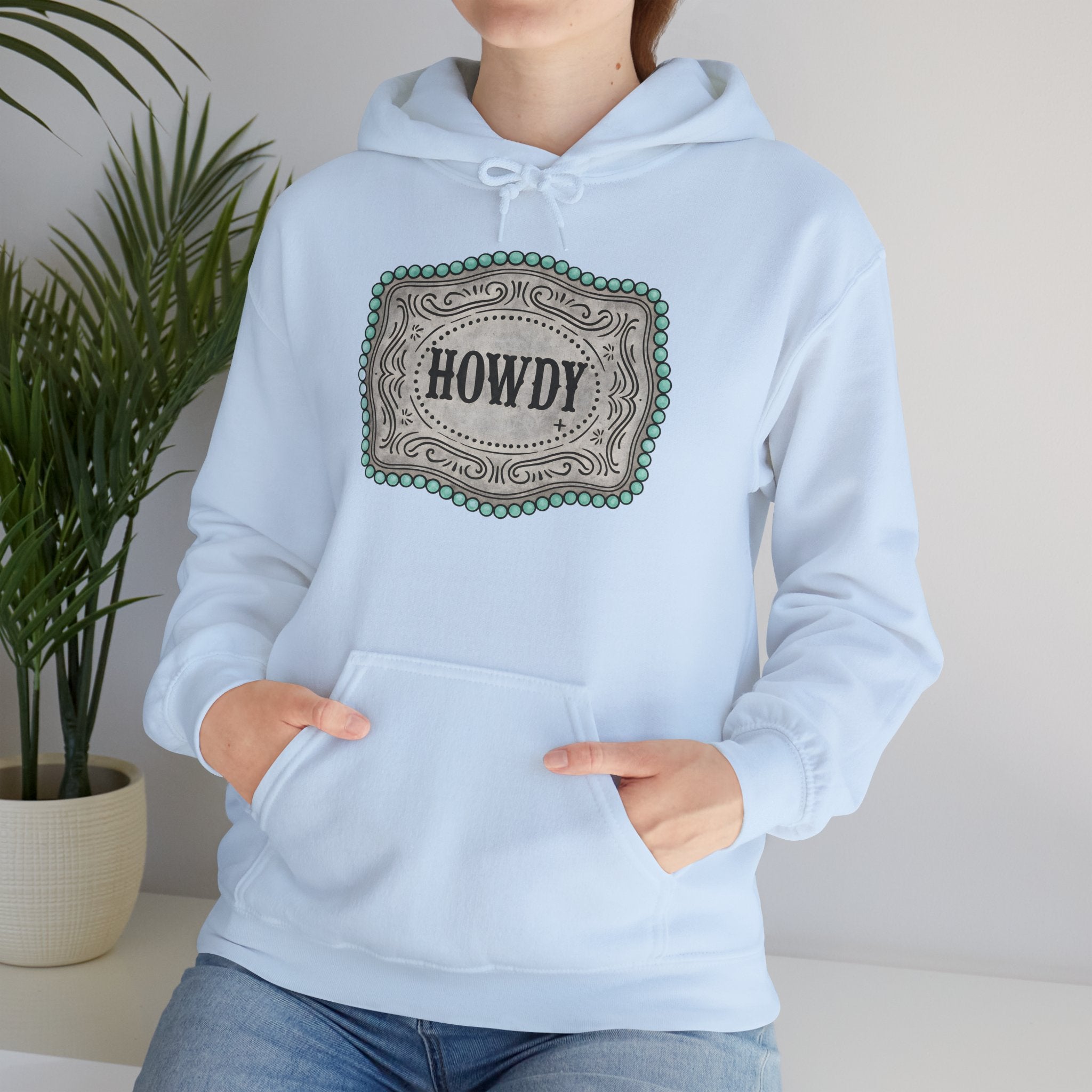 Howdy Turquoise Beaded Rodeo Belt Buckle Hoodie – Unisex Farmhouse Western Sweatshirt | Country Homestead Apparel