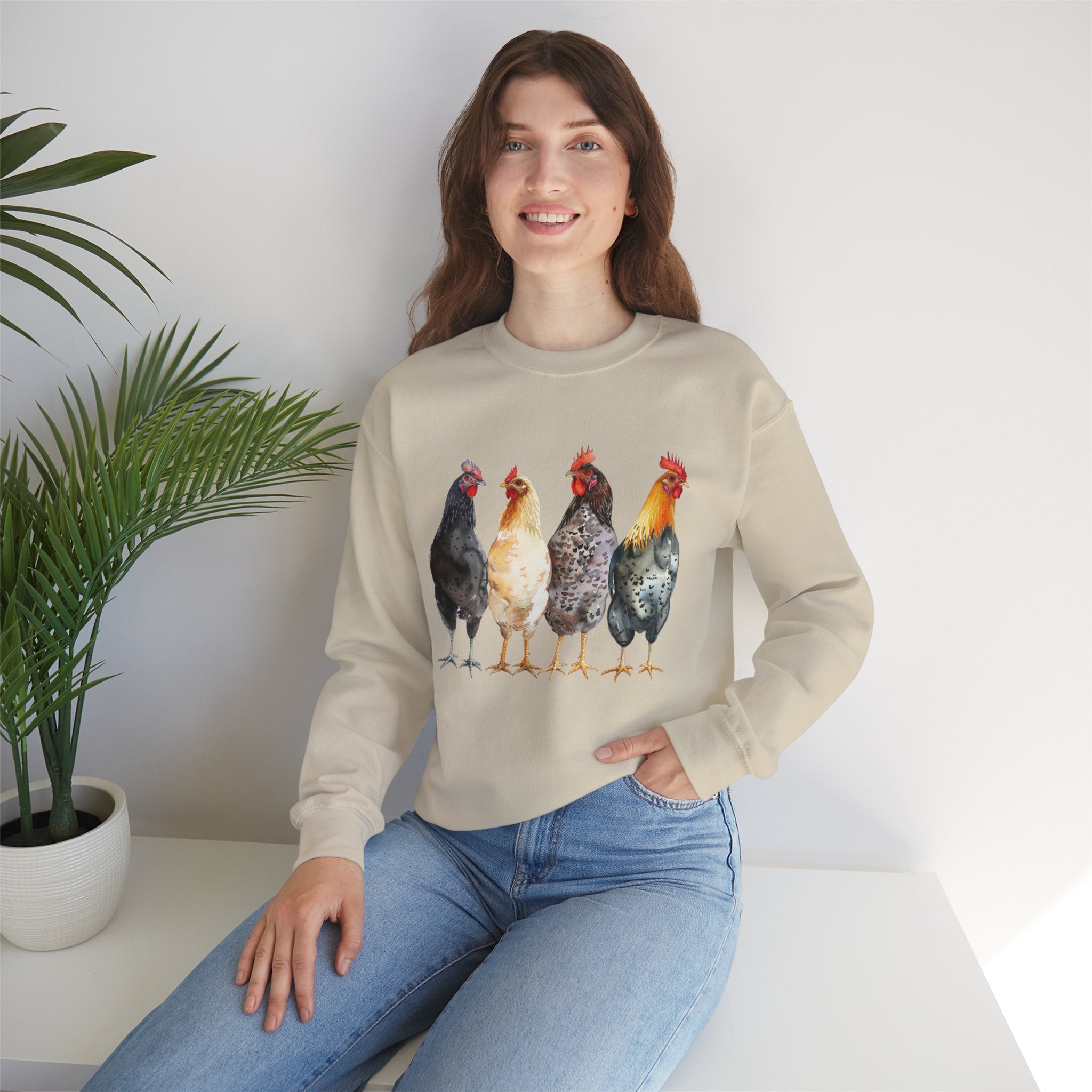 Chicken Flock Sweatshirt – Farmhouse Hen Lineup Crewneck, Cozy Homestead Chicken Mom Pullover, Unisex Gildan 18000