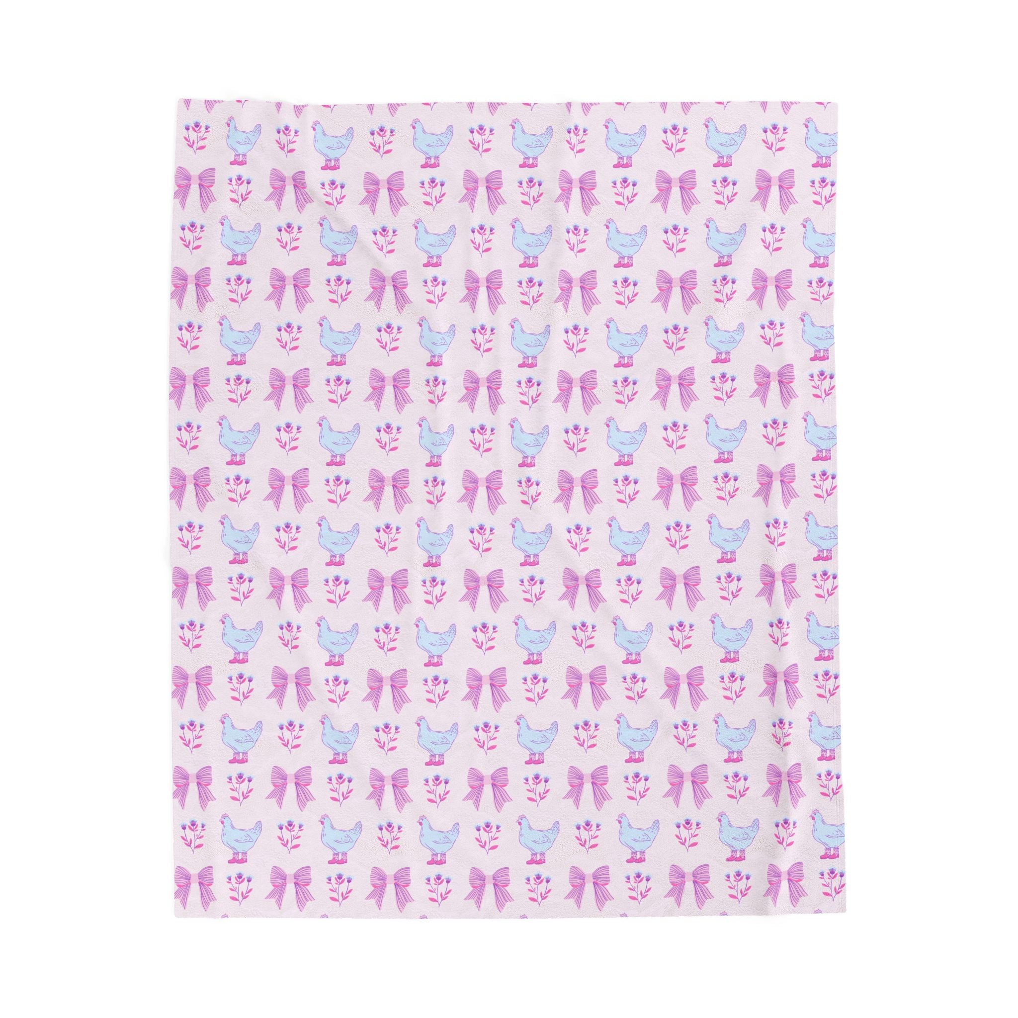 Pink Chicken Velveteen Plush Blanket – Cottagecore Bow Chicken Throw, Shabby Chic Farmhouse Cozy Home Decor