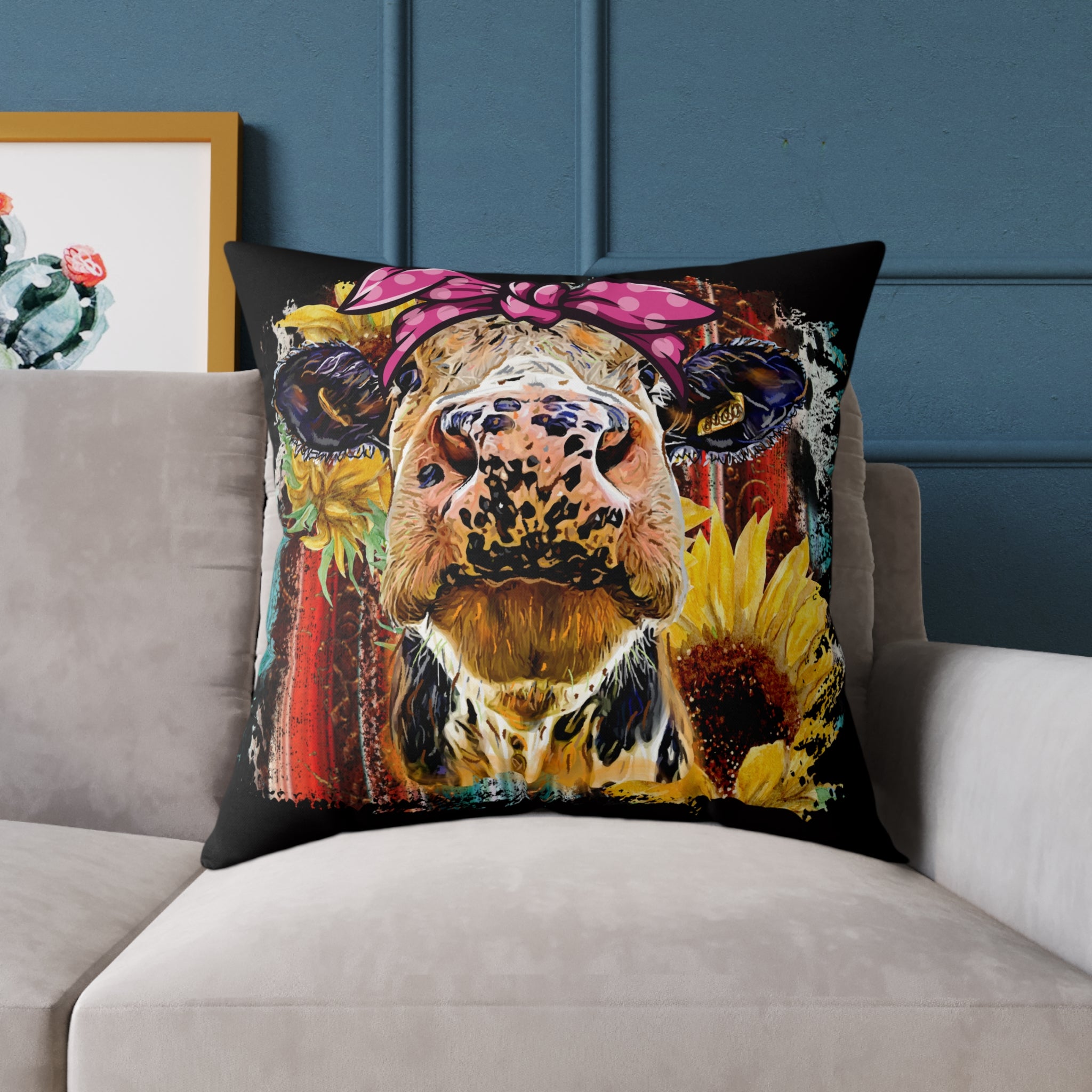 Funny Cow Throw Pillow | Farmhouse Cow Accent Pillow | Sunflower Highland Cow Decor Cushion | Rustic Country Home Decor | Gumpert Homestead