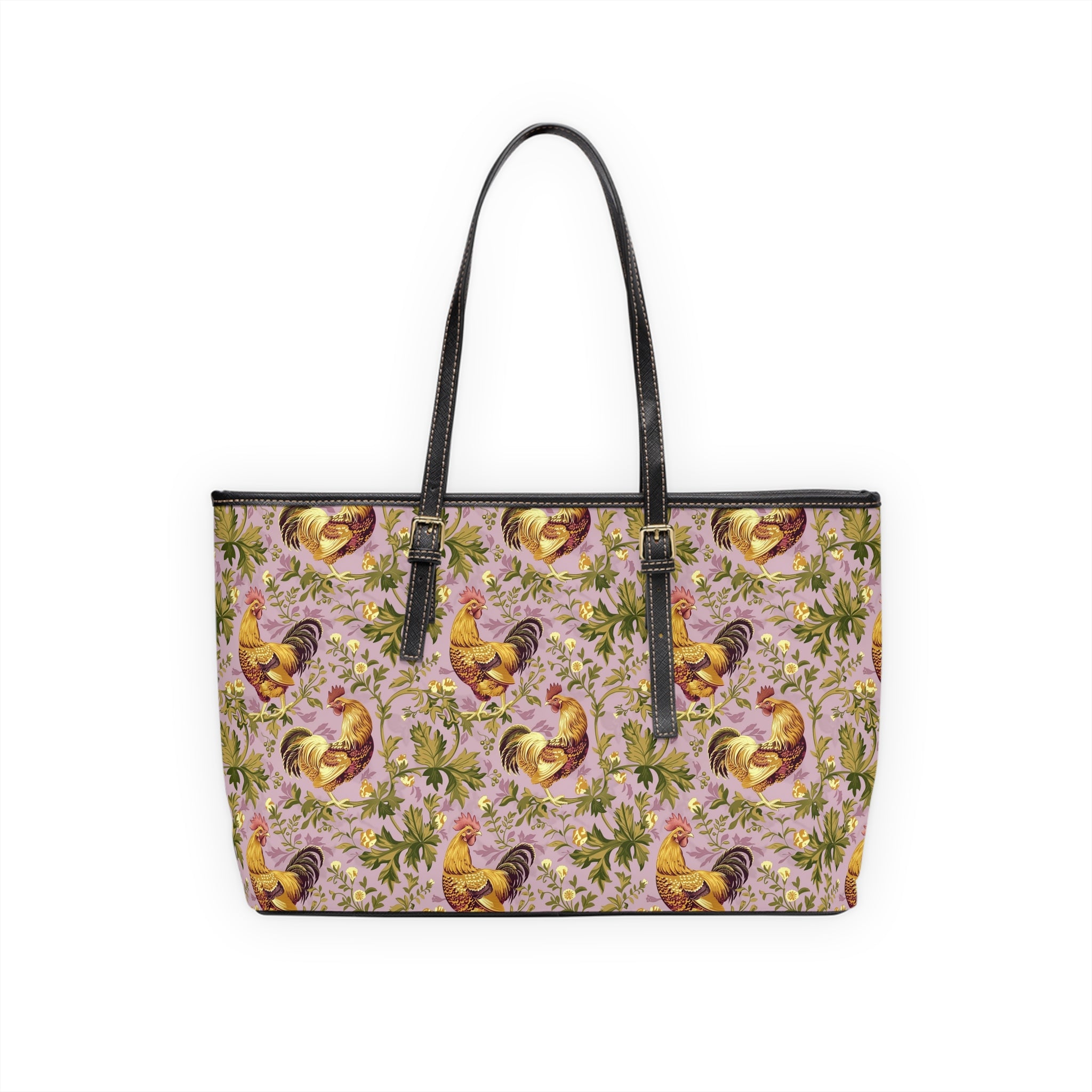 Lavender Botanical Chicken Print Leather Shoulder Bag – Farmhouse Chicken Tote, Cute Hen Pattern Purse, Farm Life Handbag, Backyard Chicken Lover Bag