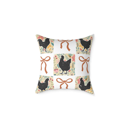 Cottagecore Chicken Patchwork Throw Pillow – Farmhouse Chicken & Bow Decor Cushion, Cozy Country Homestead Accent Pillow
