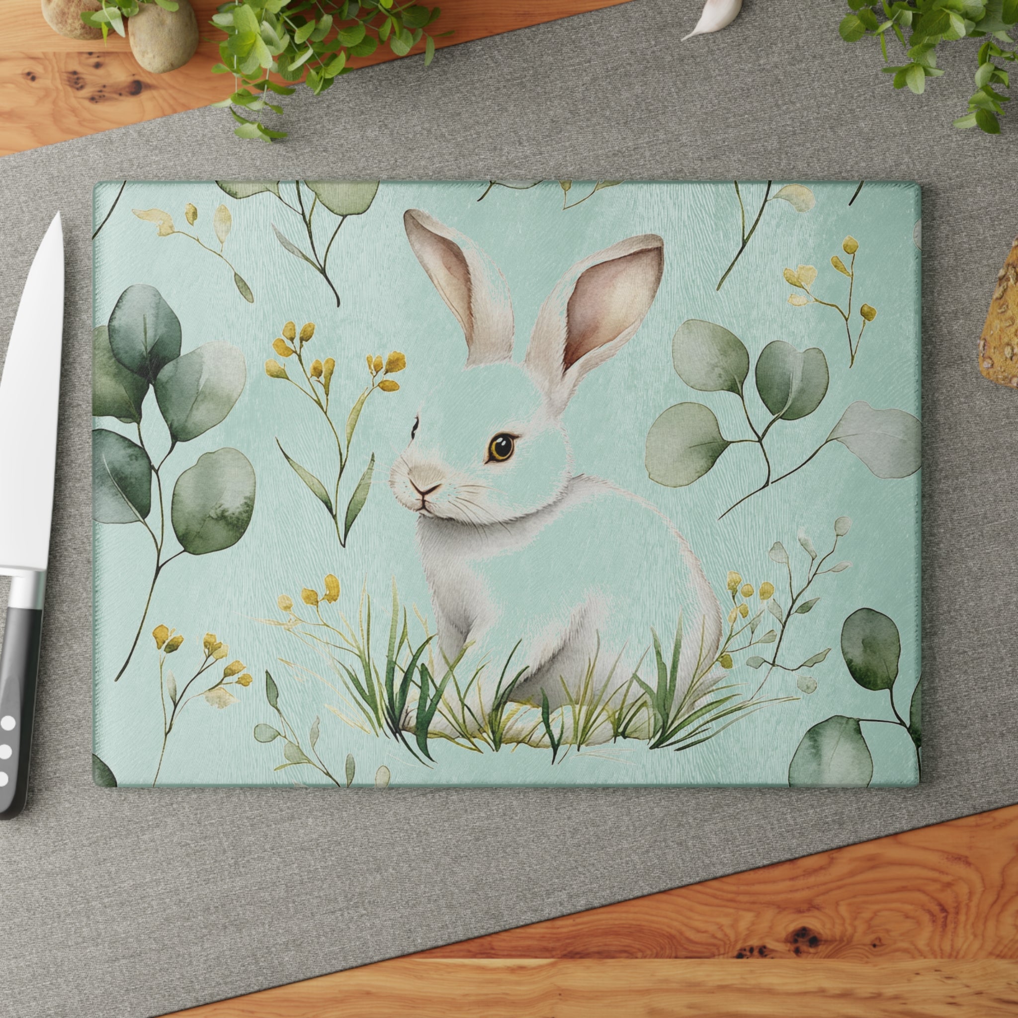 Cottagecore Bunny Glass Cutting Board | Watercolor Rabbit Kitchen Decor | Farmhouse Bunny Tempered Glass Cutting Board | Gumpert Homestead
