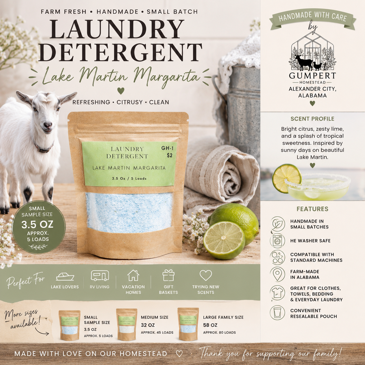 Lake Martin Margarita Handmade Laundry Detergent | Citrus Lime Laundry Powder HE Washer Safe | Available in 3 Sizes