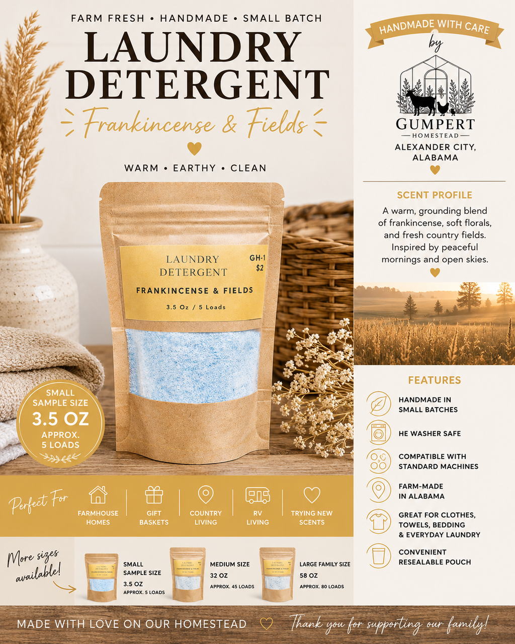 Frankincense & Fields Handmade Laundry Detergent | Farm-Made Laundry Powder | HE Washer Safe | Available in 3 Sizes