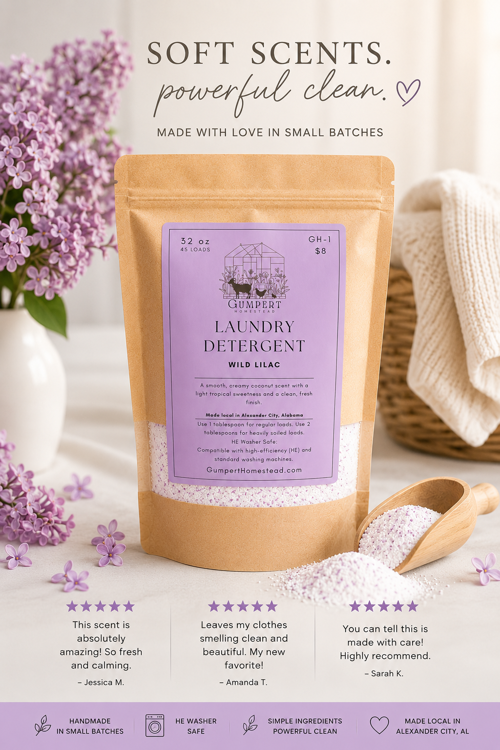 Wild Lilac Handmade Laundry Detergent | Fresh Floral Farm-Made Laundry Powder | HE Washer Safe | Available in 3 Sizes