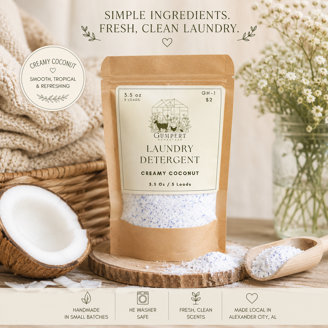 Creamy Coconut Handmade Laundry Detergent | Farm-Made Laundry Soap | HE Washer Safe | Available in 3 Sizes